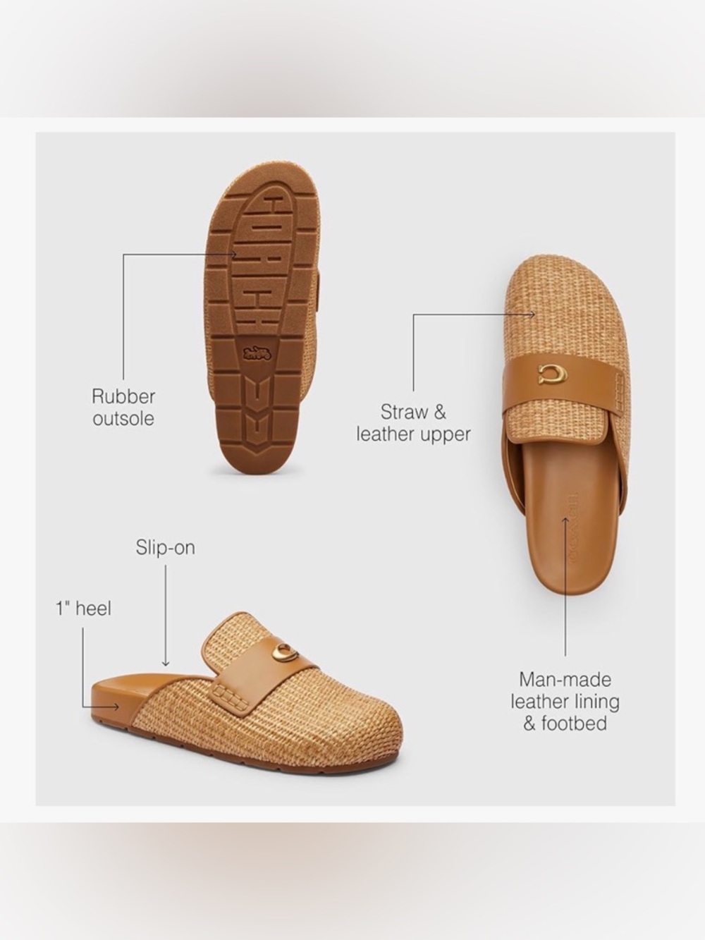 🤎 Coach Bag Natural Tan Straw Raffia Gold & Leather Slip-On Mule Clog Sneaker 11 - Picture 4 of 12